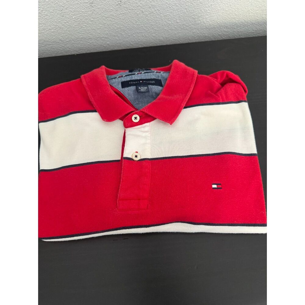 Tommy Hilfiger Custom Fit Rugby Stripe Polo Shirt XL Red White Cotton Logo